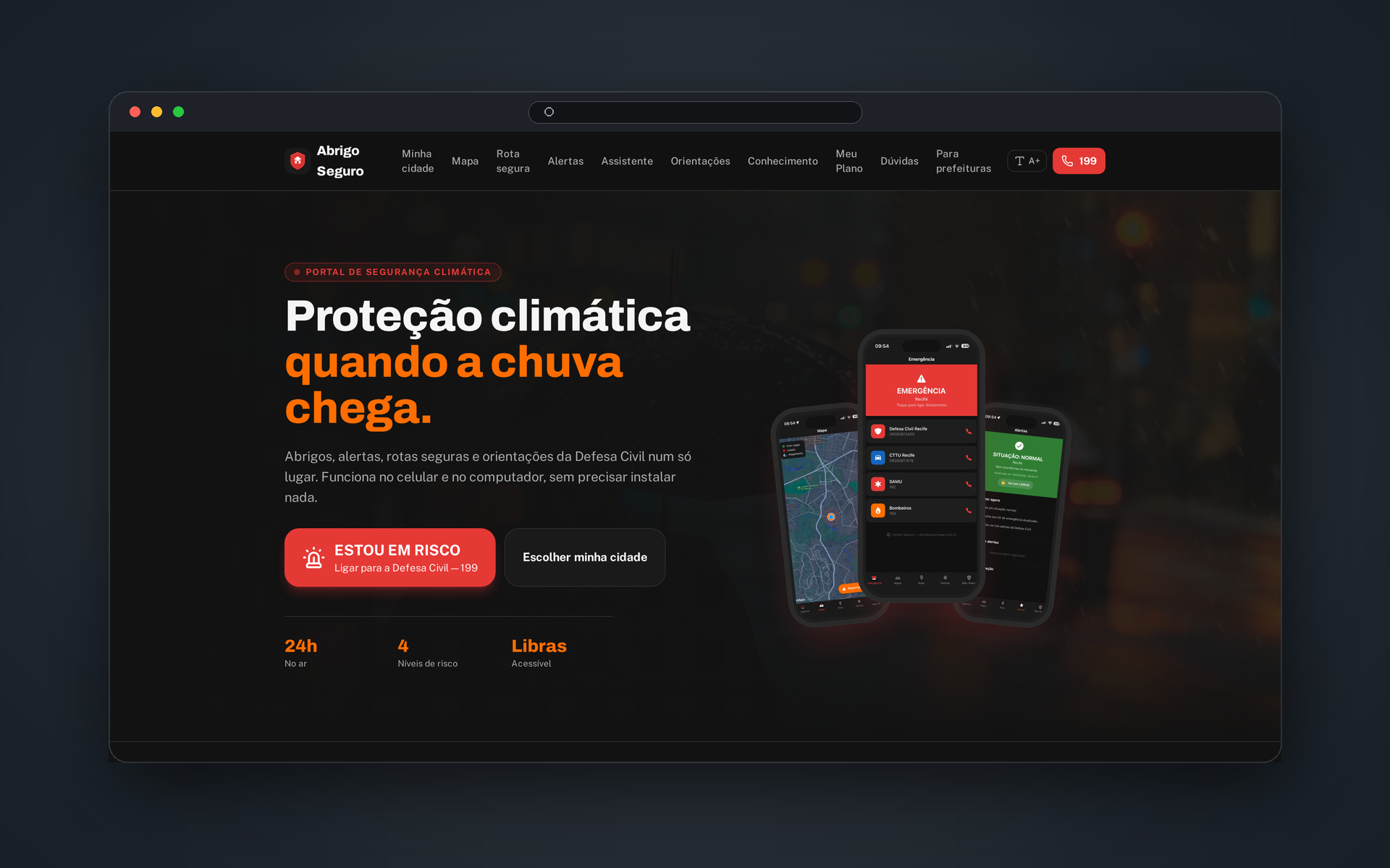 Portal Abrigo Seguro aberto em janela de navegador, com abrigos, alertas e rota segura