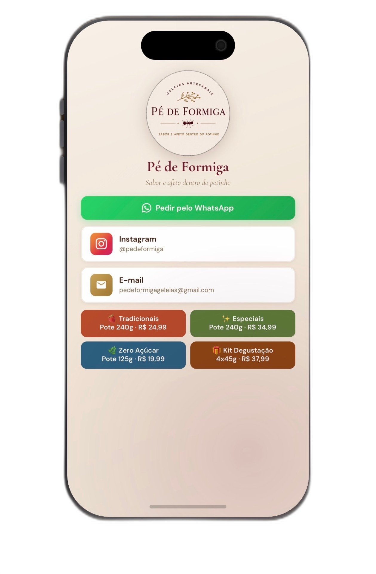 Mockup do link na bio Pé de Formiga